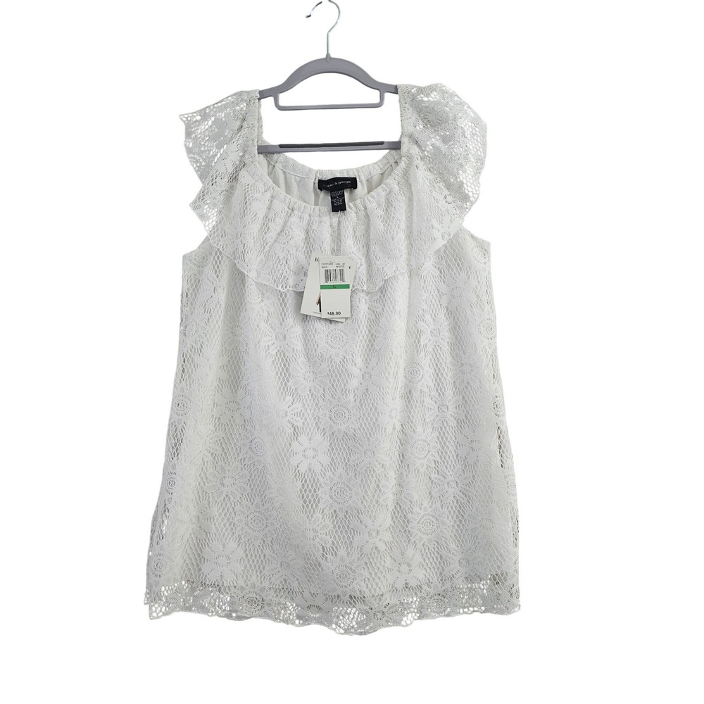 Cable & Gauge Blouse Women Large White Floral Lace Ruffle Flutter Sleeve CG57698